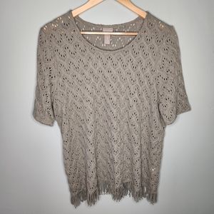 Chico's Crochet Eyelet Fringe Short Sleeve Sweater Olive Green Sz 3 (XL) EUC